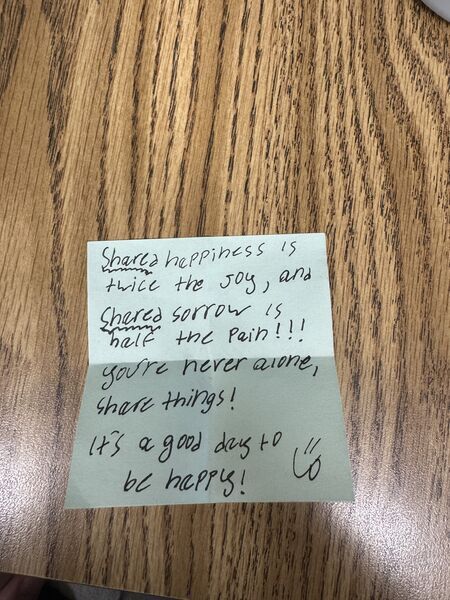 Handwritten sticky note with words of encouragement